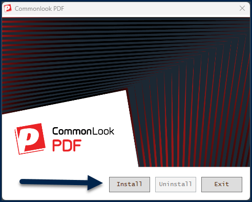 The "Install" button is highlighted on the CommonLook PDF installation splash screen.
