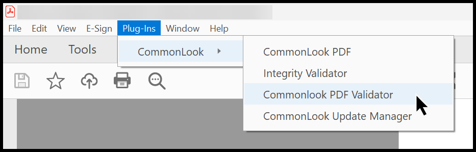 The ribbon in Acrobat showing Plug-Ins, CommonLook, and the CommonLook PDF Validator launch. 