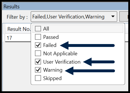 The Filter By drop down menu is expanded with the checkbox for All unchecked and the checkboxes for Failed, User Verification, and Warning are selected.