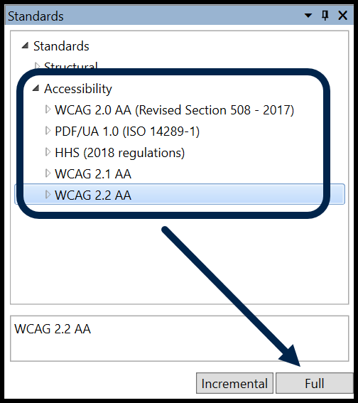 Screenshot of the Standards panel with the Accessibility standards options and the Full validation button highlighted. 