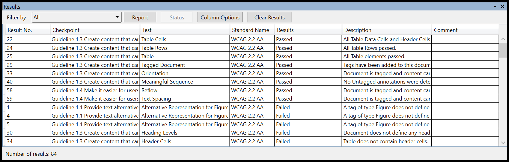 The results panel as shown when running an Accessibility check in the CommonLook PDF Validator.