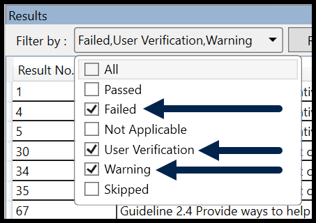 The Filter By drop down menu is expanded with the checkbox for All unchecked and the checkboxes for Failed, User Verification, and Warning are selected.