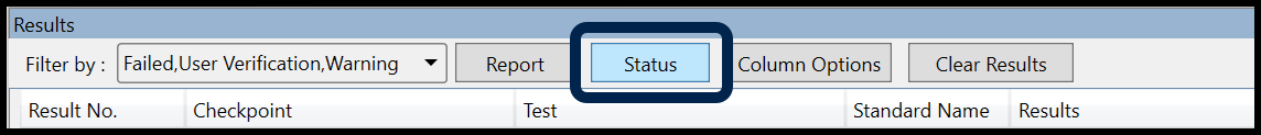 The buttons at the top of the Results panel in the CommonLook PDF Validator. The Status button is highlighted. 