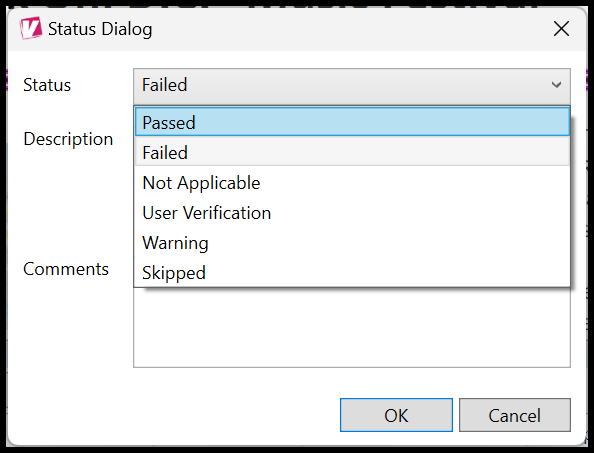 The Status Dialog box with the Status dropdown menu expanded. 