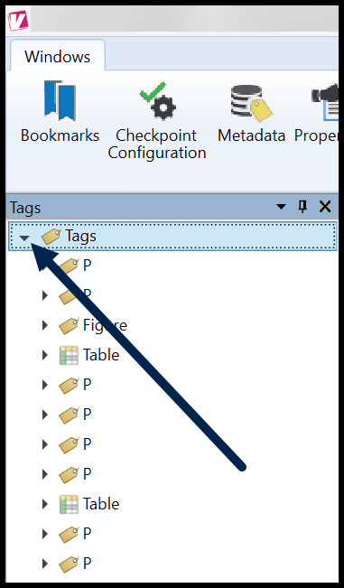 The Tags tree is opened in the CommonLook PDF Validator. The arrow to open the Tags tree is highlighted.