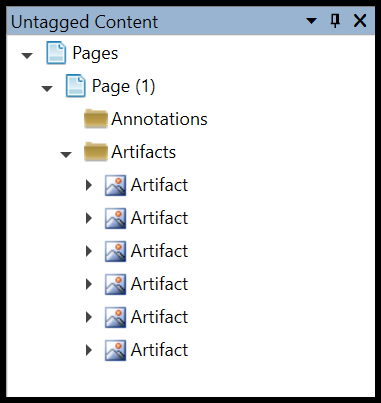 The Untagged Content panel in the CommonLook PDF Validator. Page 1 is opened to show the Annotations and Artifacts folders inside. 