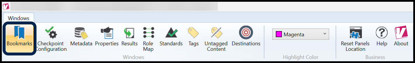 The Windows tab in the CommonLook PDF Validator. The Bookmarks button is highlighted. 