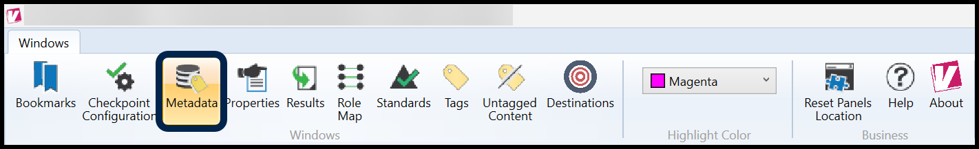 The Windows tab in the CommonLook PDF Validator with the Metadata button highlighted. 