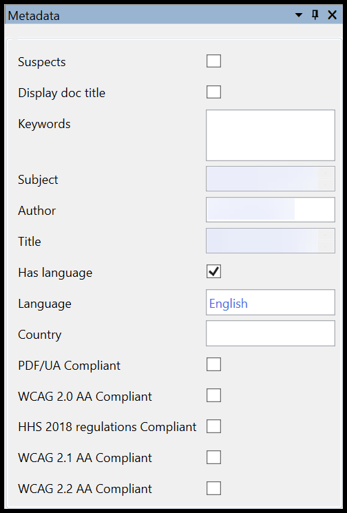 The Metadata panel in the CommonLook Validator.