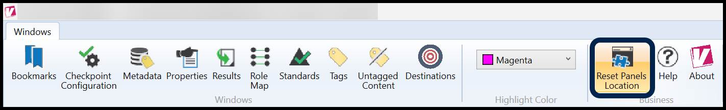 The Windows tab in the CommonLook PDF Validator. The Reset Panels Location button is highlighted. 