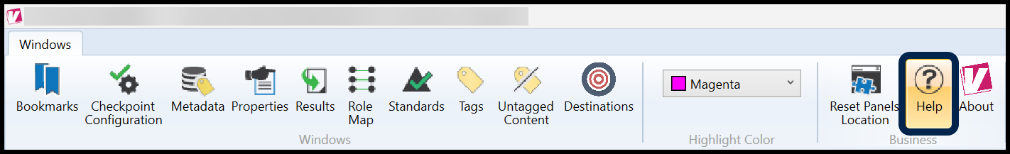 The Help button in the Windows tab of the CommonLook PDF Validator. 