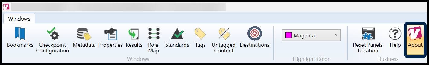 The About button in the ribbon of the Windows tab in the CommonLook PDF Validator. 