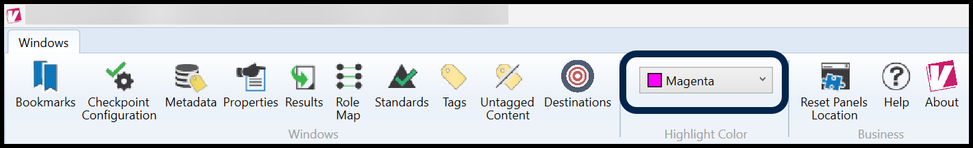 The Highlight color dropdown menu in the CommonLook PDF Validator ribbon. Expand the menu to choose a color to outline content when it's selected.