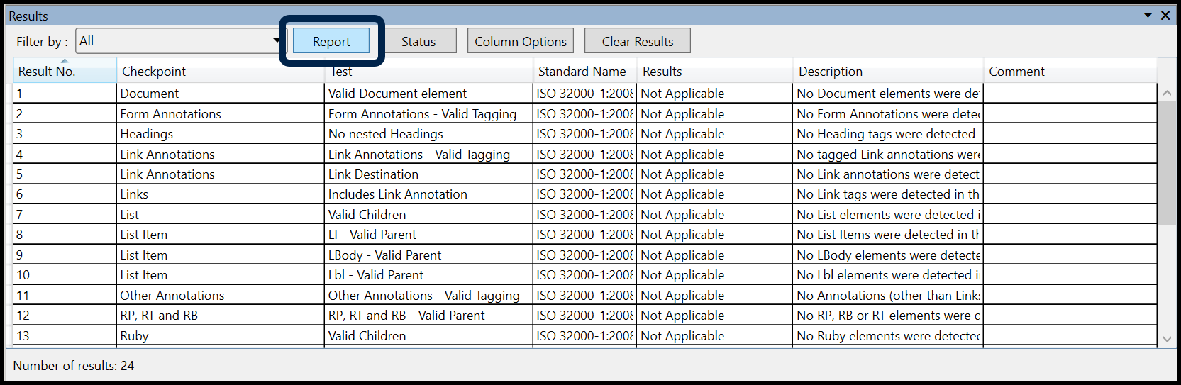 The Results panel in the CommonLook PDF Validator with the Report button highlighted. 