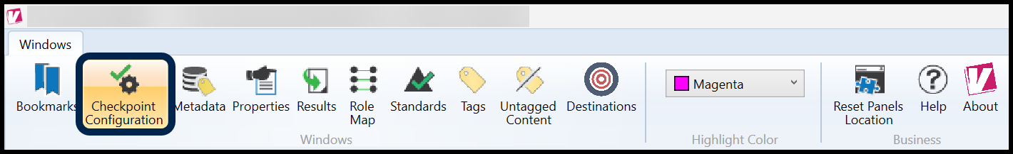 The Checkpoint Configuration button in the Ribbon on the Windows tab.