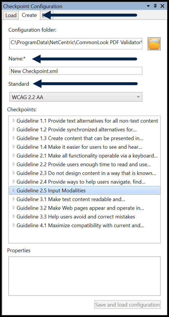 Screenshot of the Checkpoint Configuration Panel open with the Create tab highlighted, A standard named, and WCAG 2.2 chosen. Guideline 2.5 selected. 