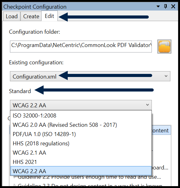 The edit checkpoint configuration panel showing the standards to reconfigure. 