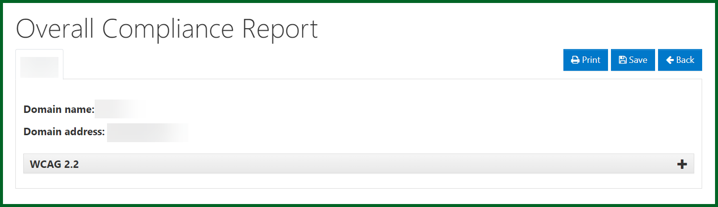 Screenshot of the Overall Compliance Report screen, listing the tested standards that were chosen when generating the report (in the previous step).