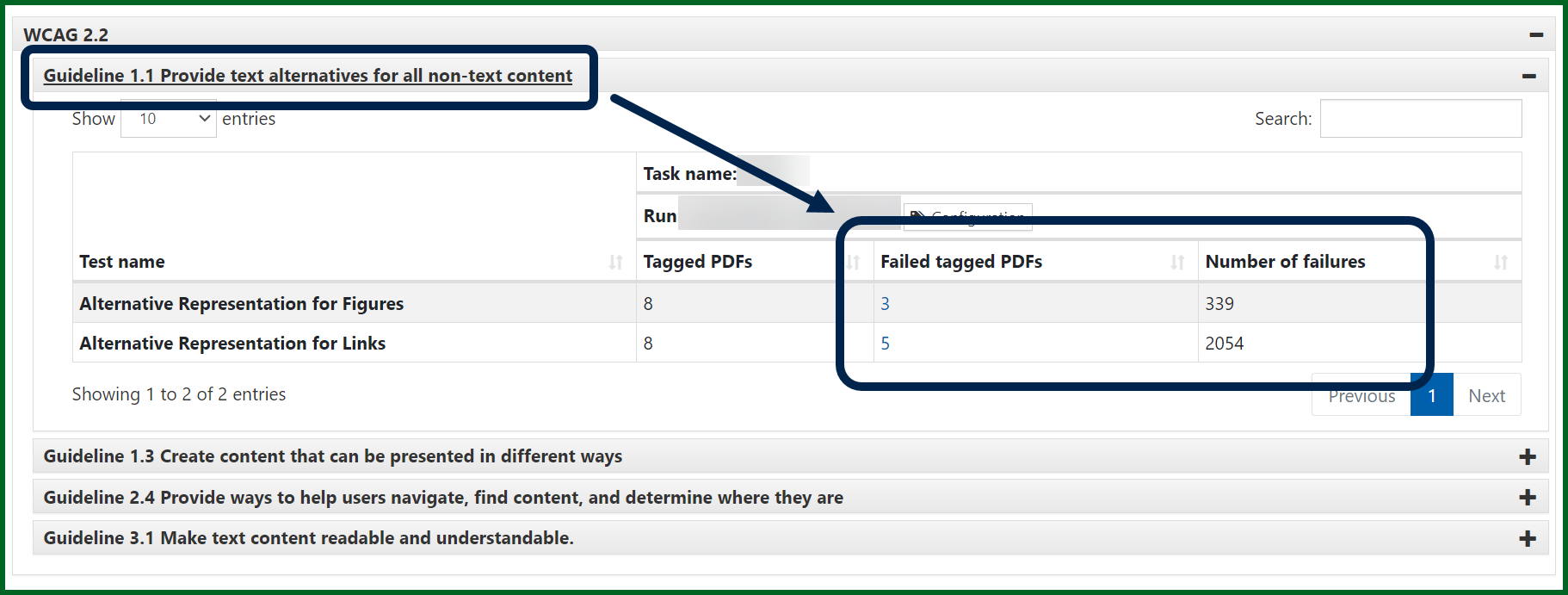 Screenshot showing the list of failures, for Alt text, as previously described. 