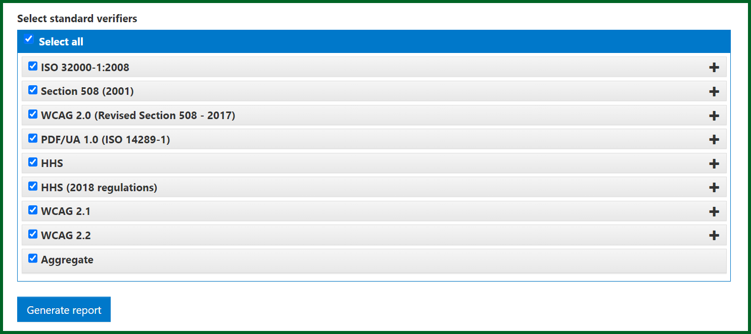 The options of standards to report on in the Domain Pass/Fail report. The choices are further identified in the preceding list item.