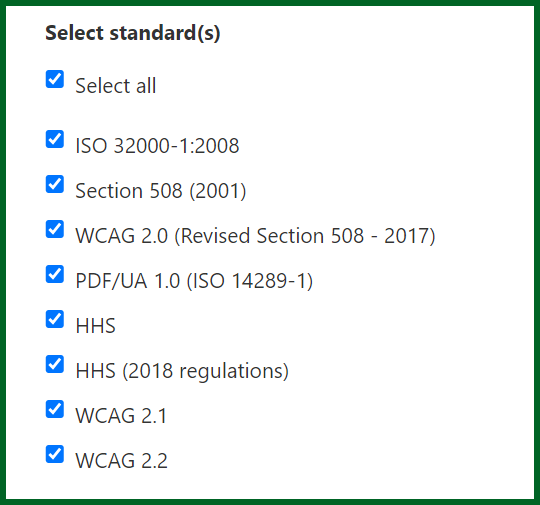 The checkboxes to choose the standard or standards to include in the Domain Compliance Report. There's also a checkbox to Select all. 
