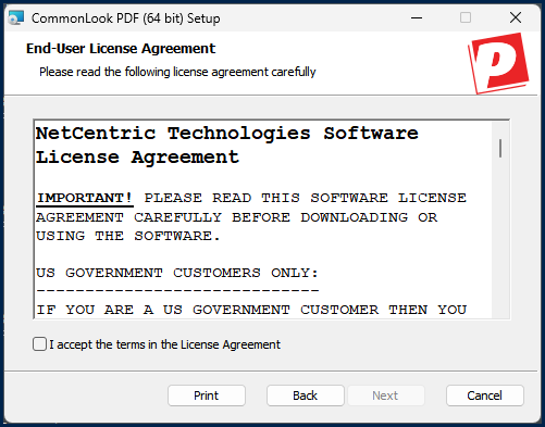 The CommonLook PDF Setup screen with the instructions to read the licensing agreement carefully before downloading or using the software.