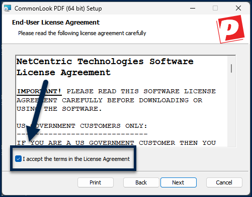 Screenshot showing the checkbox checked indicating agreement with the licensing terms and conditions.