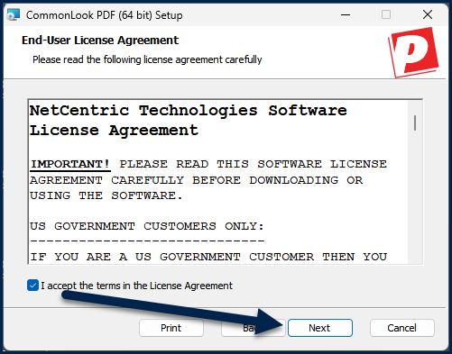 The Next button is highlighted in the CommonLook PDF License Agreement dialog box.