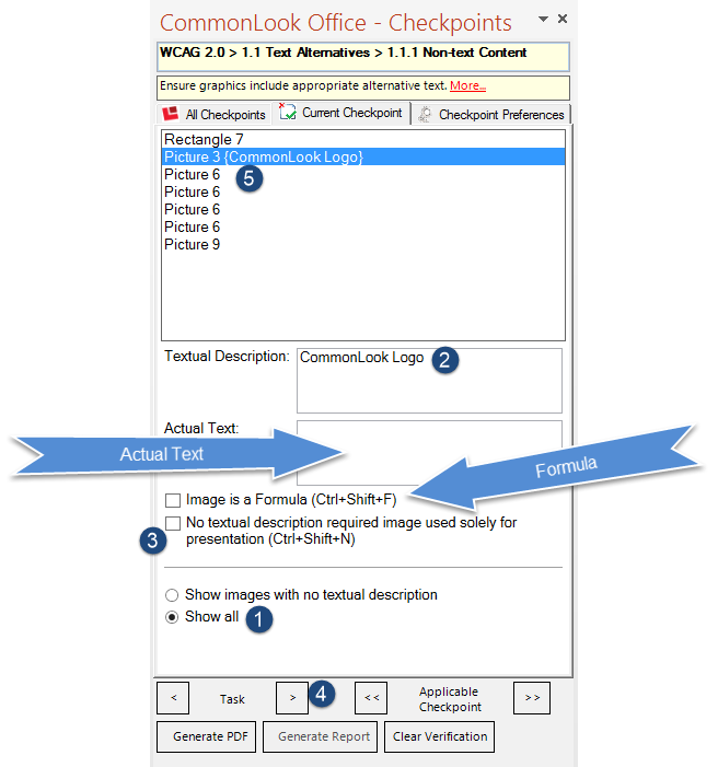 Screenshot of the CommonLook Office panel for adding Alternative text to images or marking them as artifacts.