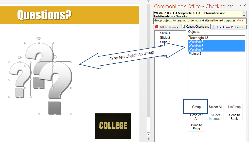 Screenshot of the panel in CommonLook Office for PowerPoint in which the user can group multiple images.
