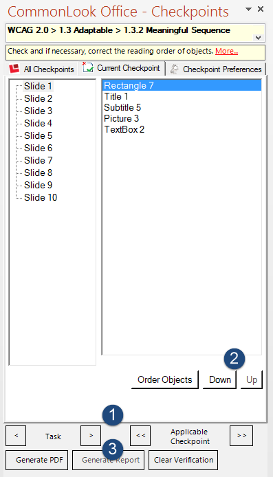 Screenshot of the panel in CommonLook Office in which users can verify and, if necessary, correct the reading order of the elements on a PowerPoint slide.