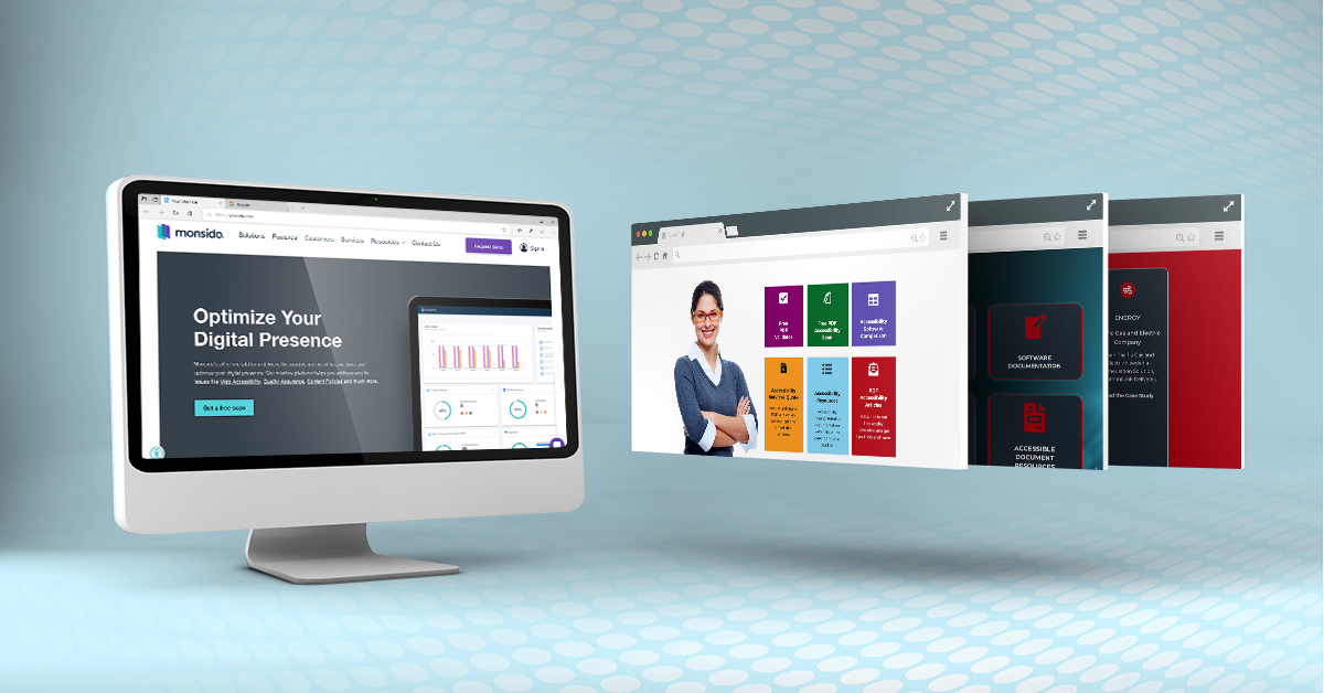 modern computer screen showing Monsido's home page while three other windows show CommonLook website images.