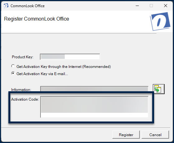 The Activation Code field is highlighted in the Register CommonLook Office dialog box, after choosing to get the activation by email.