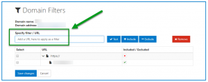 The URL field is highlighted in the Domain Filter screen. 