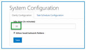 The Clarity Configuration tab with the option to change the "time out" time highlighted. 