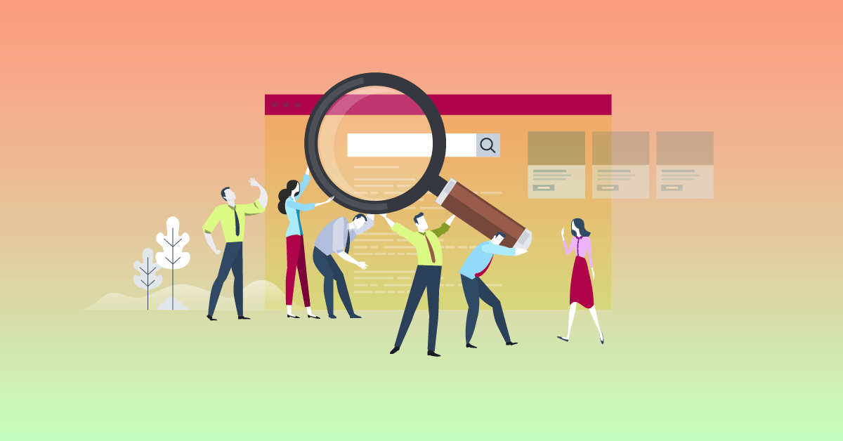 Colorful Illustration showing workers lifting a large magnifying glass to a software search bar
