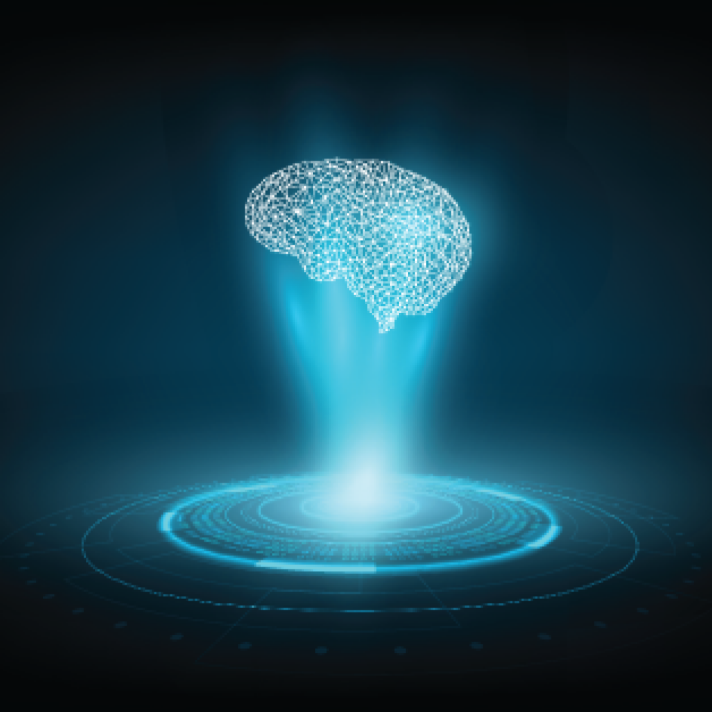 modern graphic showing ai concept by displaying a brain channeling information from a technology source