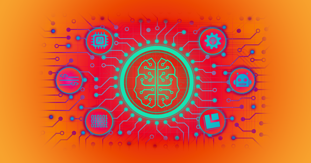 Futuristic illustration showing a brain inside a circle that branches out into an orange-red background of circuitry