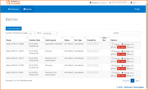 The CommonLook Dynamic Batches screen displaying the table with batch data and the "Create new batch" button.