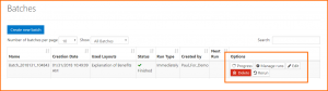 The CommonLook Dynamic Batches screen displaying the table with batch data. The Options buttons, as described below, are highlighted.