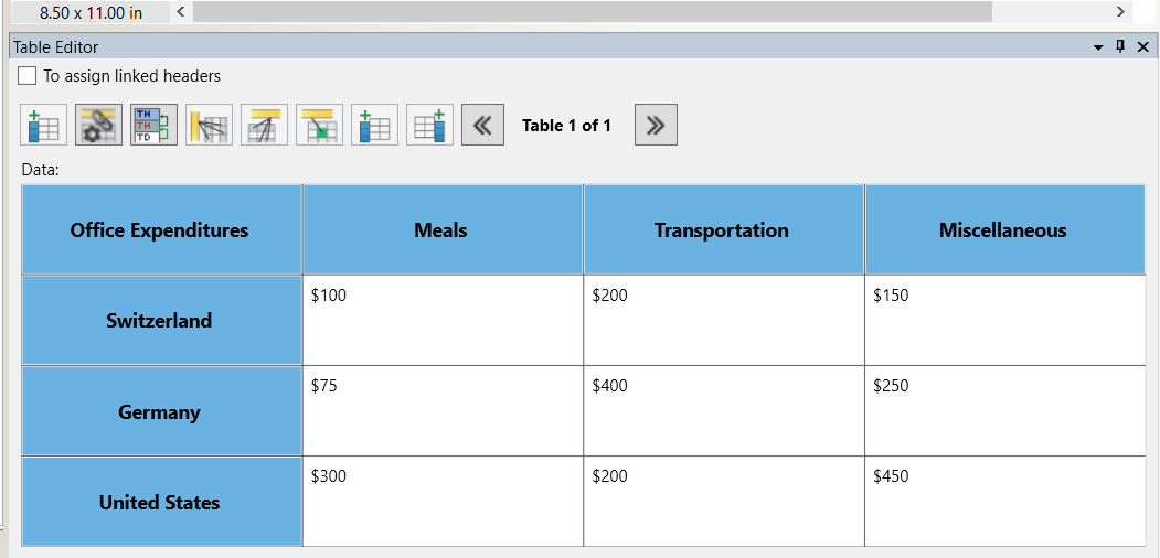 CommonLook PDF's table editor screen shot showing header rows and columns in blue with numbers in the rows and columns.