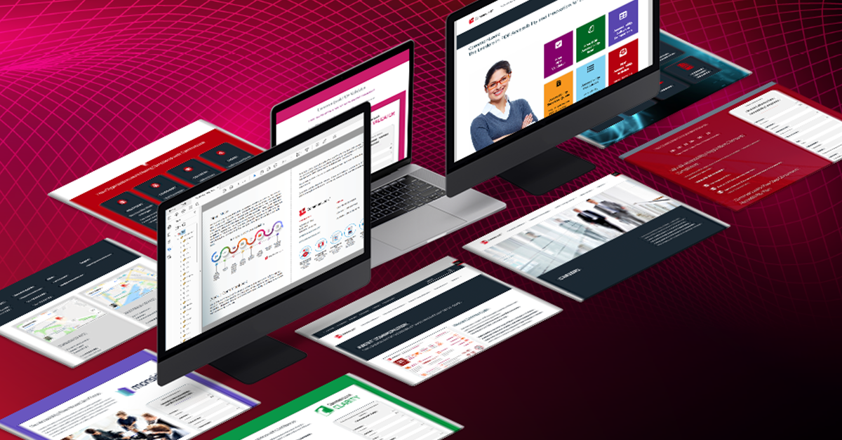A series of computer screens and web pages shown in perspective over a red technology landscape