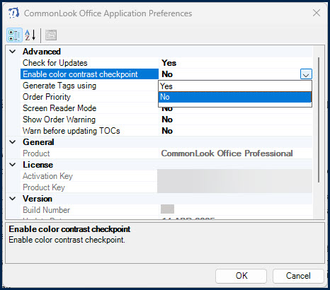The CommonLook Office Application Preferences dialog box open with "Enable color contrast checkpoint" highlighted. The menu is expanded to show the Yes and No options.