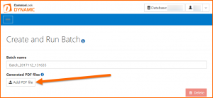 The Create and Run Batch screen with the "Add PDF file" button highlighted.