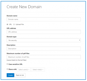 The form screen to input information when creating a new domain. The fields in the form are described in the following section. 