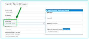 The screen to create a new Domain is open and the option to create a new SharePoint Domain is highlighted. 