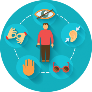Illustration of a disabled man with a can surrounded by other symbols of disability: an eye, an ear, hands signing and glasses.