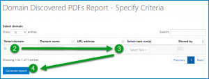 The Domain Discovered PDFs - Specify Criteria screen with the Domain, Task, and Generate Report choices numbered according to the preceding list.