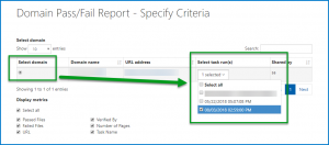 On the Domain Pass/Fail - Specify Criteria screen, a Domain has been selected and the Tasks drop-down menu is expanded showing on task run selected. 