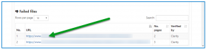 The URLs are highlighted in the Failed Files section of the Domain Pass/Fail Report. 